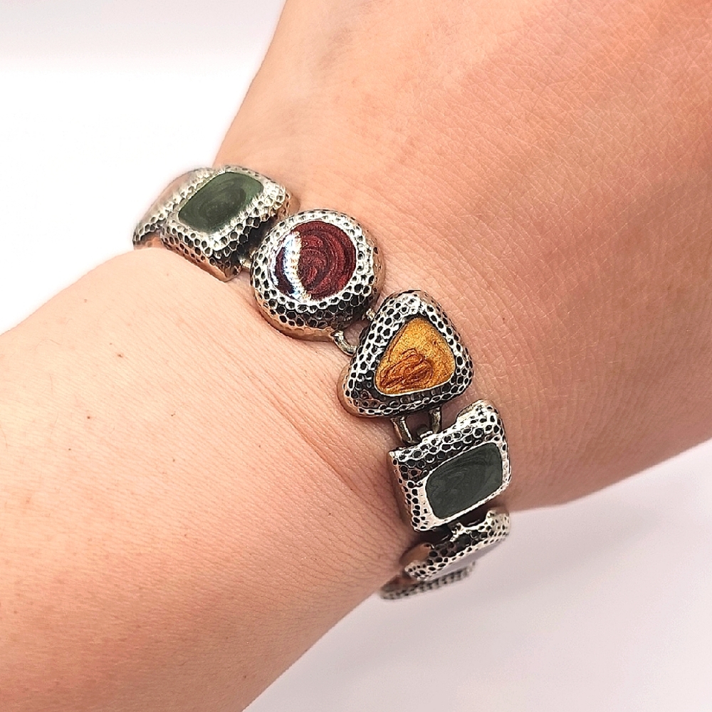 Hammered Style Silvertone Multicolor Painted Enamel Bracelet